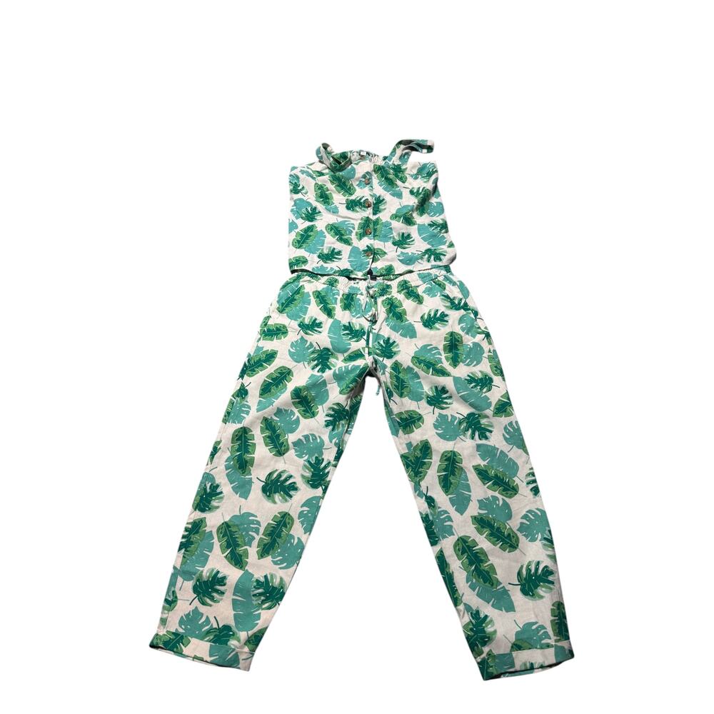 J.Crew 2 Piece Set Womens M Green White Linen Blend Palm Leaf Beach Top & Pants - Picture 2 of 16